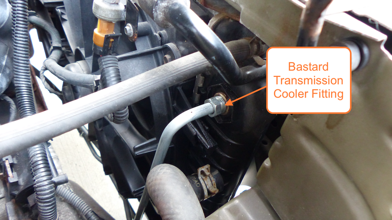 This transmission cooler fitting is leaking. I’ve already replaced the line, so it seems the problem is the fitting on the radiator.
